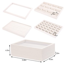Coward Stackable Jewelry Trays Organizer Set with Clear Lid, Trays for Drawer, Earring Necklace Bracelet Ring Display Organizer (beige(ring+12girds+30girds+The glass lid))