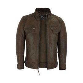Vance Leather' Men's Cafe Racer Waxed Lambskin Chocolate Brown Motorcycle Leather Jacket (L, Chocolate Brown)