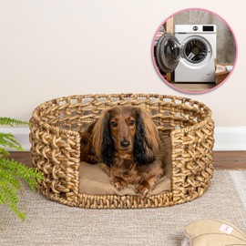 THE LICKER STORE DBD4000A Gigi 24" x 18" Modern Bohemian Handwoven Hyacinth Open-Weave Oval Pet Bed with Machine-Washable Cushion, Natural