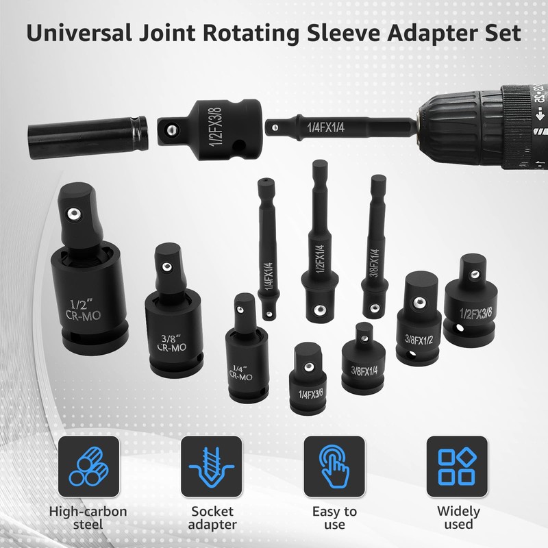 10Pcs Swivel Socket Set High Carbon Steel Impact Socket Adapter