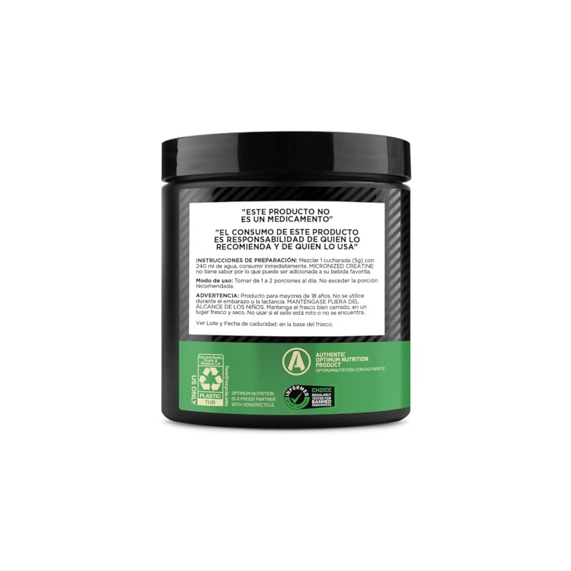 Optimum Nutrition Creatina en Polvo Sin Sabor 300G, 60 Servicios