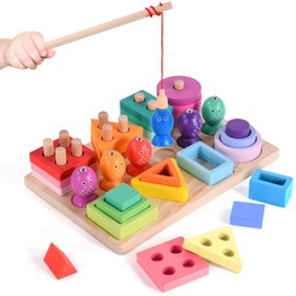 Hoiloie Montessori Toy from 1 Year, Wooden Toy & Stacking Toy, 3-in-1 Colour Recognition Shape Sorter Fishing Game, Educational Toy Gift for 123 Years Toddler Girls Boys