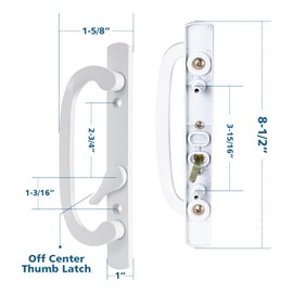 Keyed Sliding Patio Door Handleset, 45° Keyway, 3-15/16" H.C., Fits 1-3/8" to 2" Thick Doors, Non-Handed, White Diecast, Offset Position with Mortise Lock and Keeper