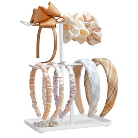 Josmimic Organizer Headband Holder for Hair Accessories: Two-Tier Stand with Storage Tray for Girls, Perfect for Vanity, Dresser, or Bathroom, White Tray with White Rods