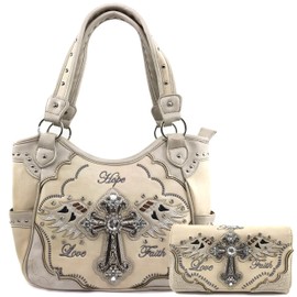 Zelris Faith Love Hope Cross Angel Wing Women Conceal Carry Women Tote Purse Set (Beige)