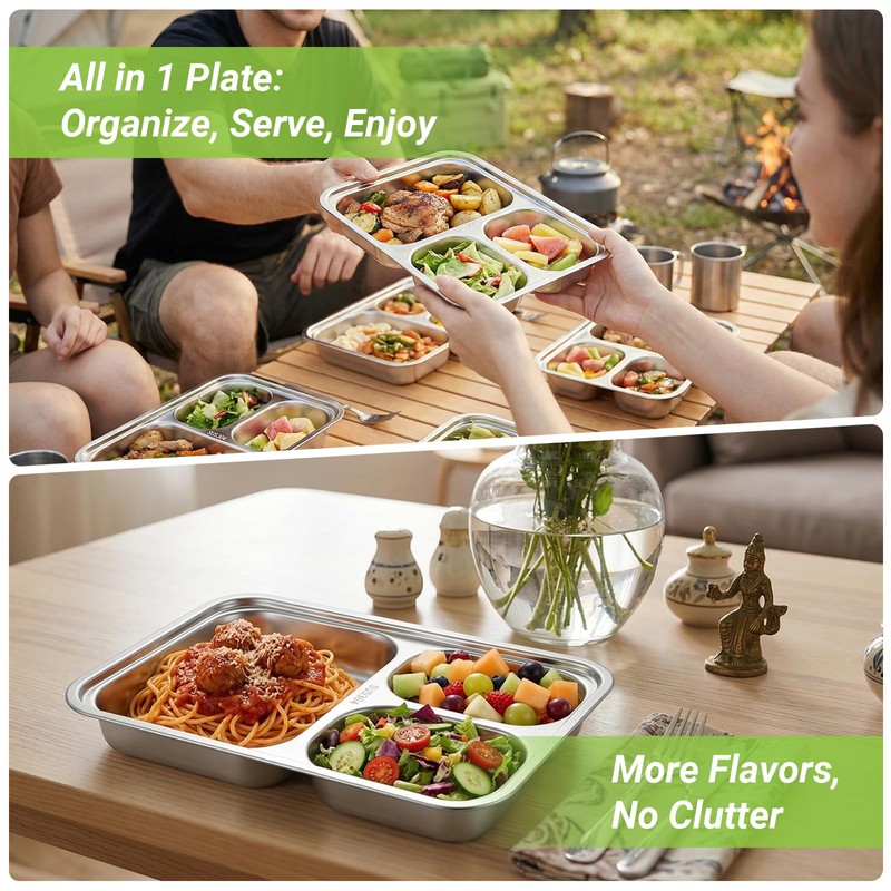 Offiper 304(18/8) Stainless Steel Compartment Plates, Set of 2 Rectangular
