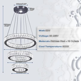 Finktonglan 3-Ring Crystal LED Chandelier, Cool White 6500K, 52W Integrated, Adjustable Height & Shapes, K9 Crystal & Stainless Steel Pendant Light for Dining Living Room Foyer, Non-Dimmable