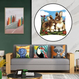 Milageto 17x17 in DIY Latch Hook Kit Rug Making Crafts for Kids and Adults Embroidery Carpet Cushion Bolster Pillowcase Needlework Sewing Tool, Rabbits, 43x43cm