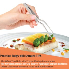 6.25 Inch Professional Culinary Stainless Steel Precision Tongs Offset Serrated Tip, Plating/Food Presentation Serving Tongs, Chef's Kitchen Offset Tweezer Tongs - Ultra Non-Slip Grip