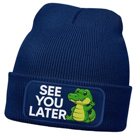 MoonWorks® Men's Beanie with Patch Knitted Hat Saying See You Later Alligator Print Crocodile Funny Hat Men, darkblue