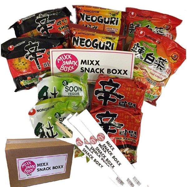 Korean Hit Nongshim Noodles Ramen Variety 10 pack (Shin,Shin Black,Neoguri Udon,Kimchi Ramyun,Soon Veggie 2each) + (4) Mixx Snack Boxx Chopstick