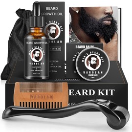 Varolan Kit de Crecimiento y Aseo de Barba - Aceite de Crecimiento (2Oz), Bálsamo, Peine, Libro Electrónico, Bolsa de Almacenamiento, Bigote Juego de Regalo para Hombre para Él