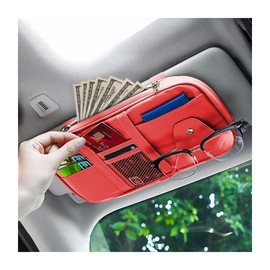 Car Sun Visor Organizer, Sunglass Holder and Storage Pocket, Card Cash Pouch with Multi-Pocket Net Zipper, Case Bag for License Pen Key, Auto Interior Accessories for Truck, SUV, Van (Red)