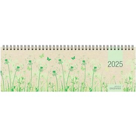 Zettler - Table Landscape Calendar 2025 Grass Paper, 32 x 10.5 cm, Sustainable Office Calendar with 128 Pages, Daily and Week Counting, Two-Month Overview, Wire Binding and International Calendar