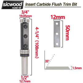 lnsert Carbide Top & Bottom Bearing Flush Trim Router Bit 1/2 Shank, 3/4" Cut Dia, 2" Cutting Length, Two Replaceable Cutters, Template Flush Cut/Trim Router Bit, for Wood Trimming, by SICWOOD