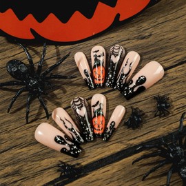 24pcs Long Coffin False Nails - Pumpkin Flame Love Spider Web Fake Nails - Press on Nails Pumpkin Spider False Nail Stick on Nails for Women and Girls