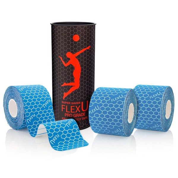FlexU Kinesiology Tape, Blue 3 Roll Pack - Ultra-Thin Rayon, Latex-Free, Hypoallergenic Professional Therapeutic Tape to Alleviate Pain, Reduce Swelling, and Promote Faster Recovery
