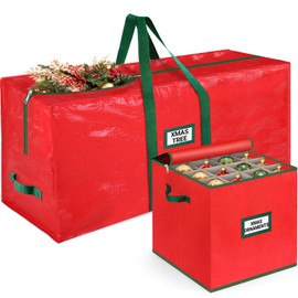 StorageRight Christmas Tree Bag & Ornament Storage Box Set, Water-Resistant 7.5 Ft Tree Storage & 64-Compartment Organizer with Dividers, Tag Pockets & Handles, Heavy-Duty Xmas Decor Containers, Red