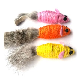 Sisal Mouse Cat Toy Rabbit Fur Tail - 3 pk
