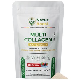 Multi Collagen Powder 300 g Wildberry - 5 Types (I, II, III, V, X) - High Dose & Bioavailable - Collagen Hydrolysate with Vitamin C, Biotin, Zinc & Hyaluronic - for Skin, Hair, Nails & Joints