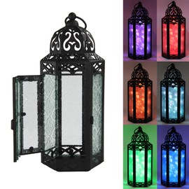 VELA LANTERNS 10.5" Metal Moroccan Decorative LED Fairy Lights Candle Lantern Holders for Indoor Home Fantasy, Gothic Decor, Halloween Table Centerpieces, Outdoor Patio or Porch, Purple, Medium
