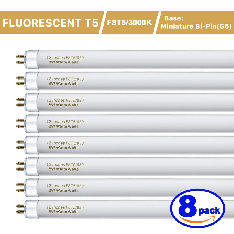Konideke 8 Pack F8T5/WW Fluorescent Bulbs Warm White 3000K, 12