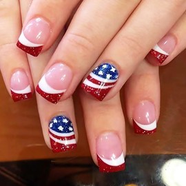 Independence Day Press on Nails Short Square Red French Tip Fake Nails with Glue American Flag Design Glitter Stick on Nails 4th of July False Nails for Women Manicure Decoration, 24PCS