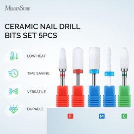 MelodySusie MELODYSUSIE Ceramic Nail Drill Bits Set, 3/32' (2.35mm) Professional Acrylic Nail File Drill Bit for Manicure Pedicure Cuticle Gel Nail Polishing 5Pcs