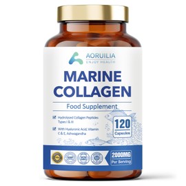 Marine Collagen Supplements for Women Men 2000mg 120 Capsules Hyaluronic Acid, Vitamin C, Vitamin E & Ashwagandha, Hydrolysed Collagen Peptides Types I & III Collagen Complex for Skin Joints Hair