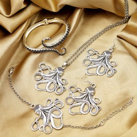 RechicGu Vintage Silver Octopus Jewelry Set Sea Creature Kraken Tentacle Necklace Earrings Bangle Anklet Bracelet Nature Pack Fisherman Fish Gift