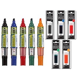 Refillable Dry Erase Markers, Pilot BeGreen V Board Master Assorted Colors, 5-Pack With 1 Refill For Each Marker