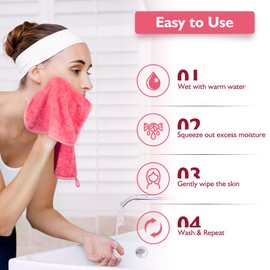 Nineigh Microfibre Make-Up Wipes, Washable, Pack of 6 Makeup Remover Cloths, Reusable Microfibre Face Cleansing Cloth for All Skin Types, Make-Up Removal (20 x 40 cm, Pink)