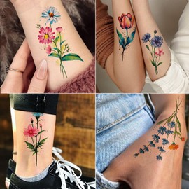Tazimi 20 Sheets 3D Watercolor Flowers Temporary Tattoos For Women Girls Lily Daisy Lavender Dandelion Rose Tiny Floral Tattoos Sticker Realistic Long Lasting Fake Tattoo Stickers