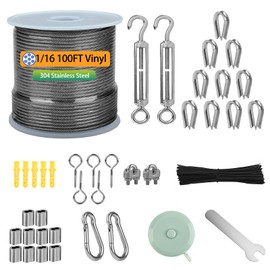 1/16" Wire Rope Kit, 100FT Vinyl Coated Stainless Steel Wire, Turnbuckles for Cables Hanging, 304 Coated Steel Cable Guide Wires for Outdoor String Lights, Clothesline, Garden, Curtain, Hanging