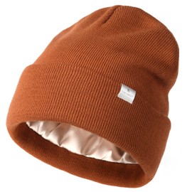 YANIBEST - Gorro de punto con forro de satén para mujer, acrílico, para invierno, forro de seda, suave, holgado, cálido, con puños, Caqui, One Size