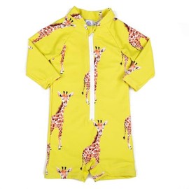 Cheeky Chickadee Unisex Long Sleeve Zip Swimmers UPF50+ | Hand-Painted Yellow Giraffe Print | Baby & Kids Swimwear | Australian Brand | Size 3-6M