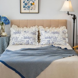 Pillow Shams Set of 2 Classic French Village Printed Linen Fabric Decorative Pillow Cases Retro Ruffle Flounces Trim for Home Bedroom Decor Pillow Covers Blue Standard 20x26 Inches