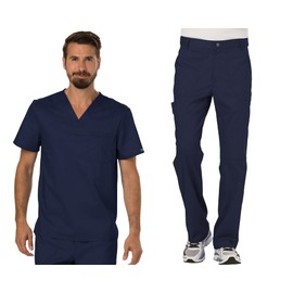 Cherokee Premium Scrub Set For Men Modern Fit V-Neck Top WW690 with Tapered Leg Button Closure & Inside Drawstring Pant WW140, Navy- L Top/M Short Pant