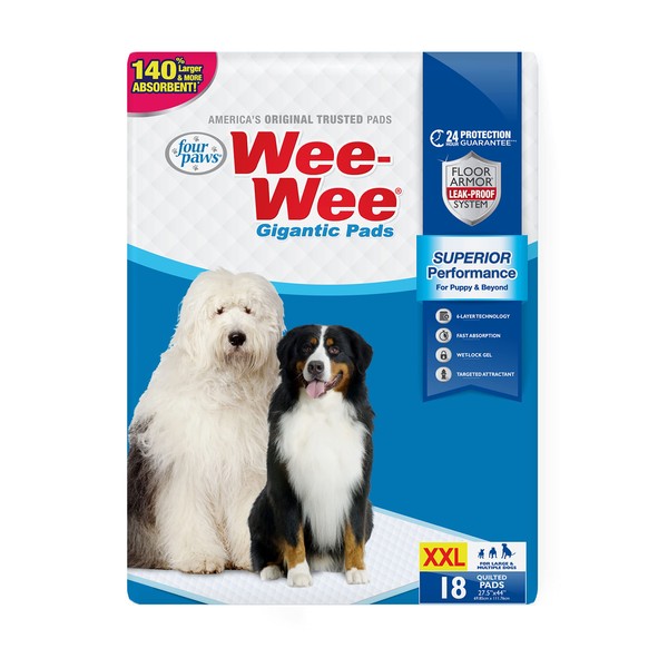 Four Paws Wee-Wee Superior Performance Gigantic Pee Pads for Dogs - Dog & Puppy Pads for Potty Training - Dog Housebreaking & Puppy Supplies - 27.5" x 44" (18 Count),White