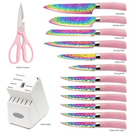 Rainbow Kitchen Knife Set Non Stick Knives with Wood Storage, Serrated Steak Knife, Chef Knife, Scissors with Built-in Sharpener, 14Pcs Ultra-Sharp Cutlery Block Sets for Home & Pro Use Best Gift