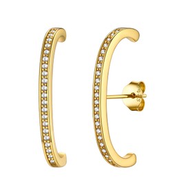 FOCALOOK Earrings Silver 925 Women's Stud Earrings Silver C Shaped Stud Earrings Zirconia Earrings Piercing Ear Gold Earrings Jewellery for Girls, Yellow Gold, Cubic Zirconia