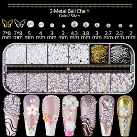 Mixed 3D Nail Art Gem Decoration Accessories Kit #11, Aurora Bear Bow Butterfly Starry AB Rhinestone Charm Jewelry for Deco, Pearl Flower Caviar Bead Stone Crystal with Pickup Pencil and Tweezer