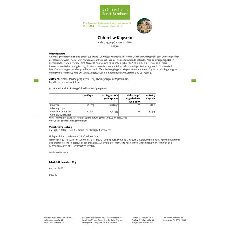 Sanct Bernhard Chlorella Capsules with Chlorophyll 180 Capsules