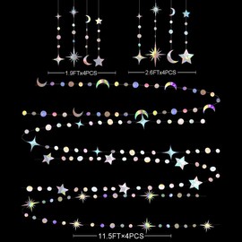 PinkBlume Starry Moon Decoration, Garland, 4 Pieces, Approximately 6.9 ft (19.5 m) Long, Rainbow Color Laser Star Moon, Circle Dots, Garland, 100 Days of Birthday Decoration, Kindergarten, Nursery, Room Decoration, Wedding Decoration, Sparkle, Sparkle, B
