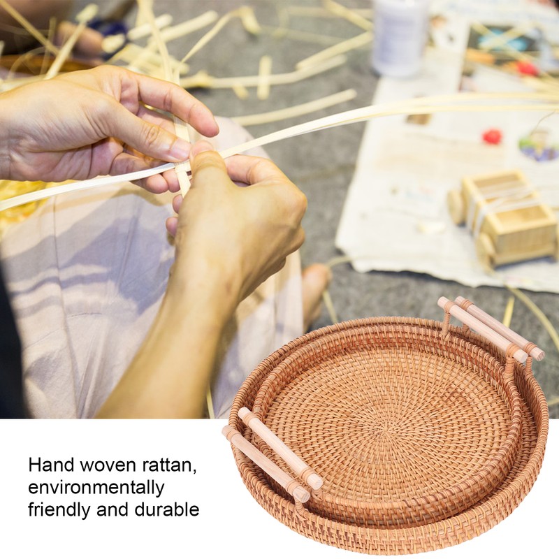 2PCS Hand Woven Rattan Tray Round Serving Tray Tea Fruit