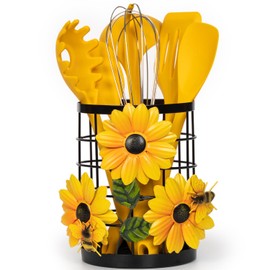 Sunflower Utensil Caddy with Silicone Cooking Utensils Set 6PCS, Sunflower Kitchen Decor and Accessories, Sunflower Utensil Holder for Kitchen Counter Yellow Sunflower Utensils Crock Sunflower Gifts