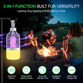 Buzbug LED Bug Zapper Outdoor and Indoor with Camping Light & RGB Ambient Light, 4500mAh Rechargeable Battery, 10-Year Lifespan LED Lamp, 3-in-1 Ultralight Portable Flying Trap for Camping (White)