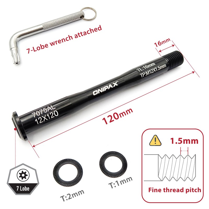 ONIPAX Anti-Theft 12mm Front Hub Thru Axle, Thread M12x1.5mm, L12mmx120/125mm