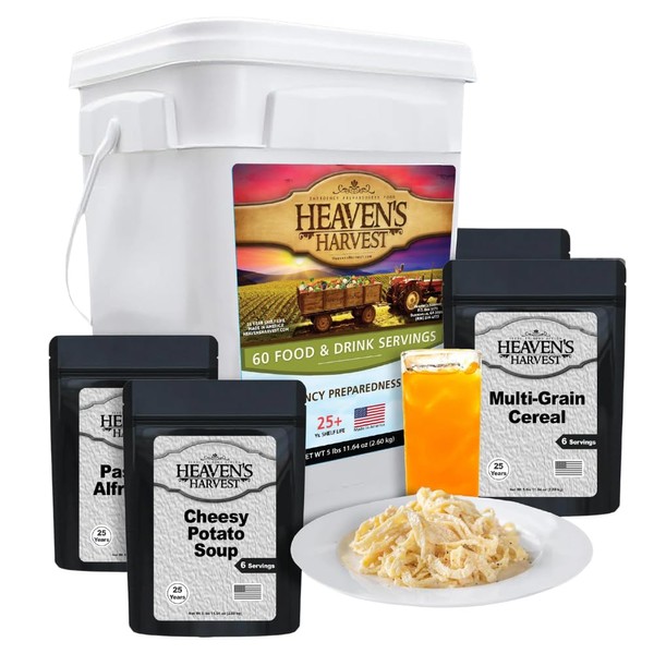 Heaven’s Harvest "1-Week Kit" Emergency Food Supply (60 Food & Drink Servings) — 100% Real Freeze-Dried Survival Food Kit with a 25-Year Shelf Life. Non-Perishable & Perfect Food for Camping