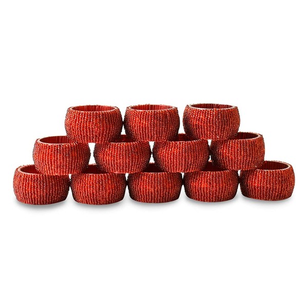Ajuny Handcrafted Beaded Red Napkin Ring Round Decorative 1.5" Napkin Holders - Set of 12 - for Table Décor, Dinner Party, Wedding Party, Dining Parties, Table Decoration